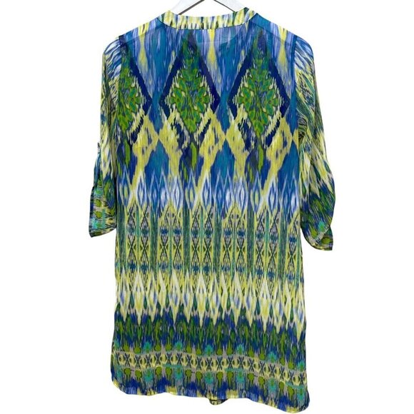 CHICO'S Ikat Breeze Top Small Petite (Chicos0) Sheer Tunic Boho Green Print NWT - Picture 4 of 10